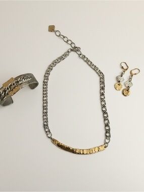 J. Jansen Designs Two-Tone Hammered Necklace + Earrings + cuff Set COA Signed